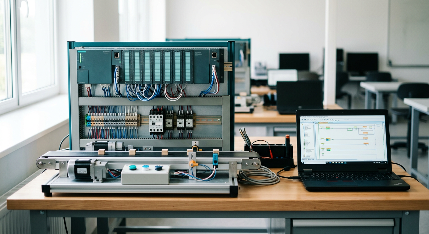 Schulungsplatz mit SIMATIC Steuerung, Anlagenmodell und Programmier-Laptop